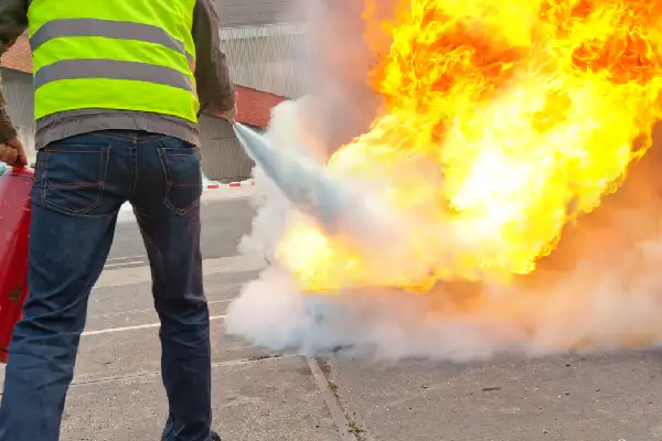 Bild zeigt eine Person beim Löschen eines Feuers mit einem Feuerlöscher